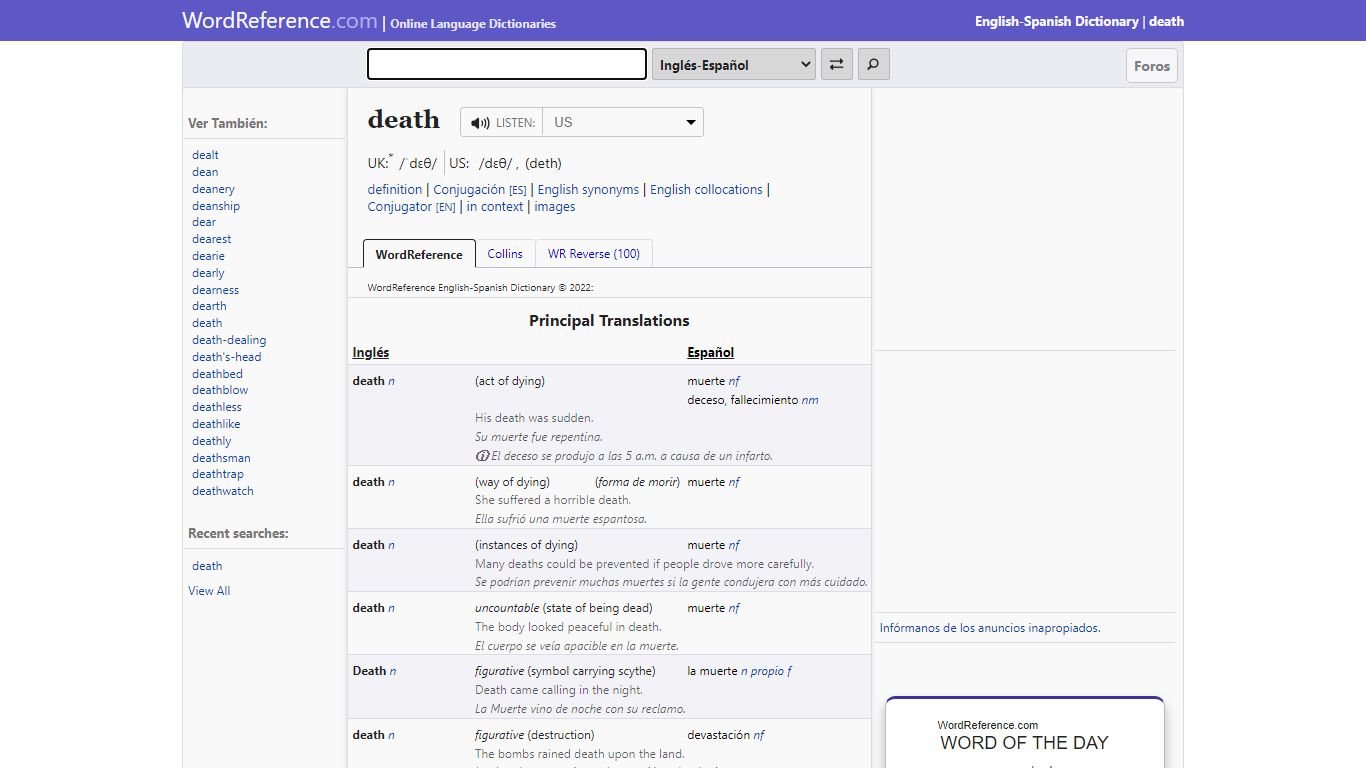death - English-Spanish Dictionary - WordReference.com