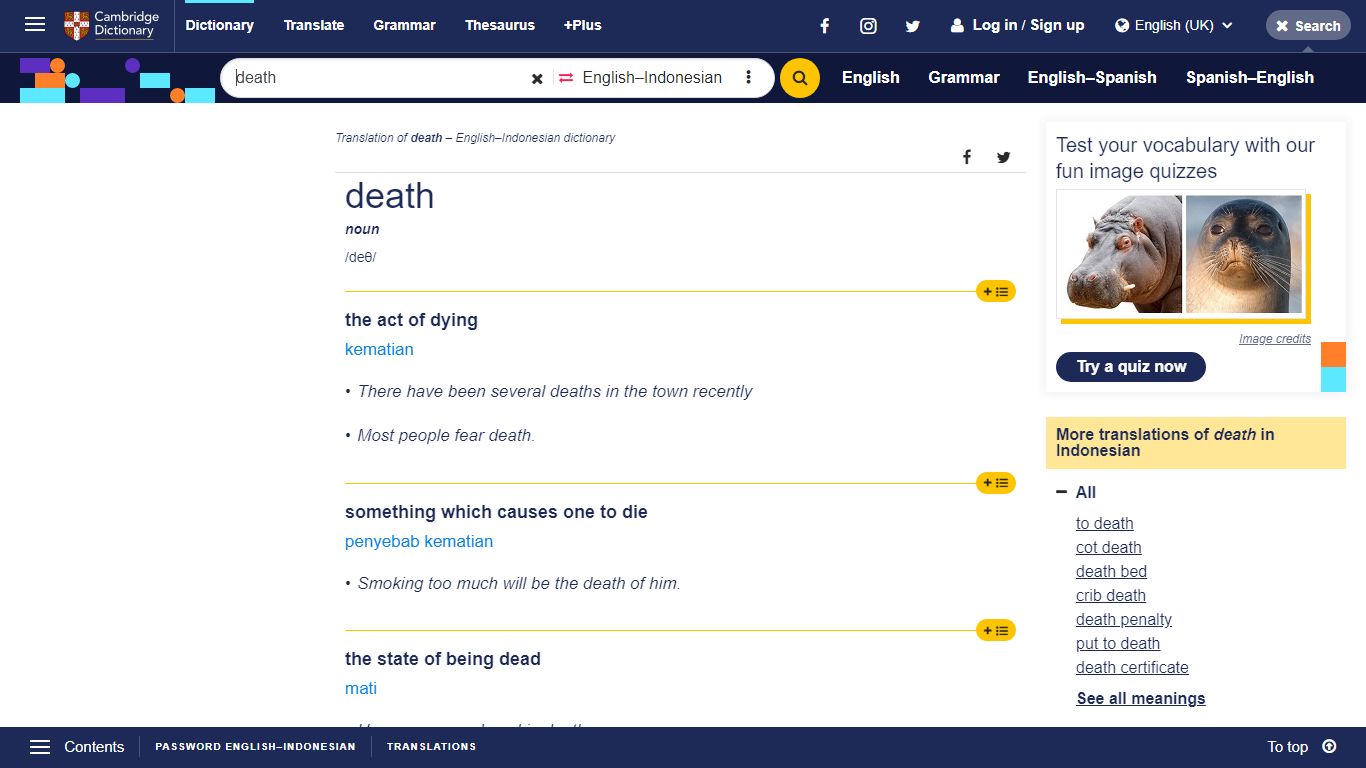 death | translate English to Indonesian: Cambridge Dictionary